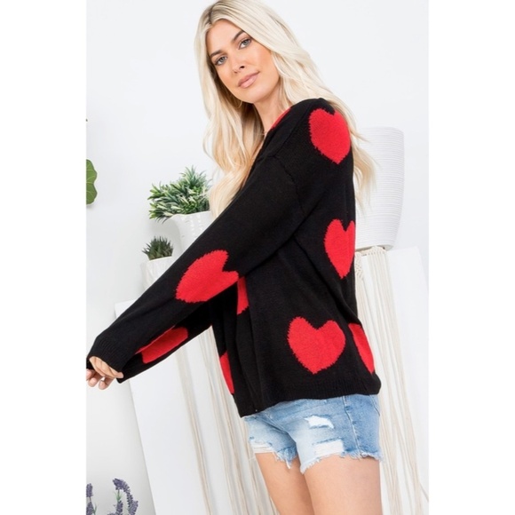 Black Red Multi Heart Knit V-Neck Valentines Day Long Sleeve Relaxed Sweater - Picture 5 of 10